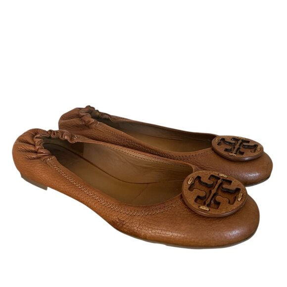 Tory Burch Women's Casual Shoes Reva Flat Tan Logo Leather Size 7 - Picture 1 of 10